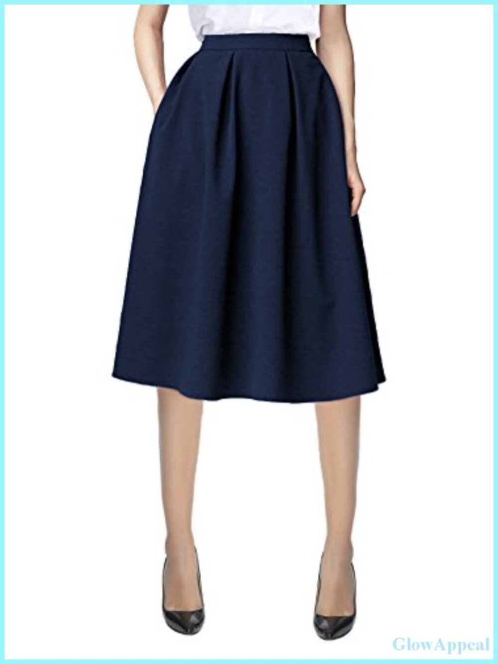 Women's A-Line Midi Pleated Skirt High Waisted Elastic Pull On with Pockets